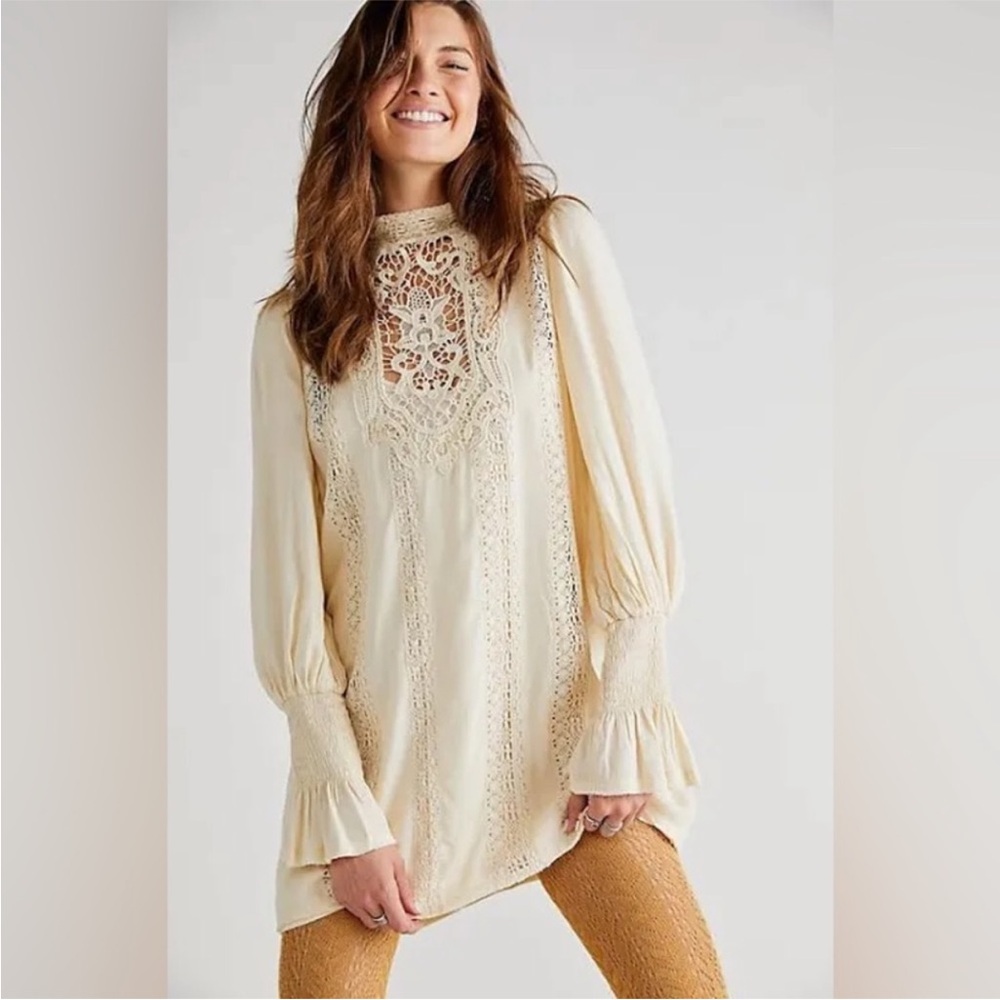 Free People Elegant Cream Long Sleeve One Vienna Mini Dress